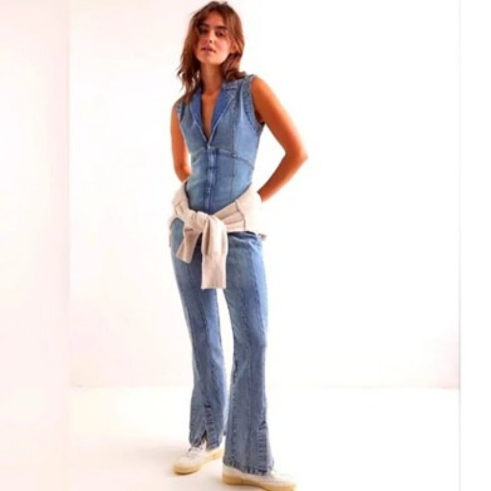Free People Light Blue Denim Jumpsuit